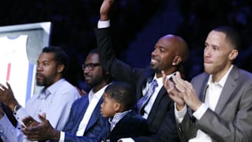 Feb 10, 2016; Auburn Hills, MI, USA; Richard Hamilton waves to the crowd during the Chauncey Billups halftime retirement ceremony in the game between the Detroit Pistons and the Denver Nuggets at The Palace of Auburn Hills. The Nuggets won 103-92. Mandatory Credit: Raj Mehta-USA TODAY Sports