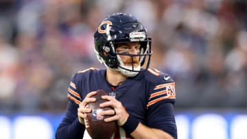 INGLEWOOD, CALIFORNIA - SEPTEMBER 12: Andy Dalton #14 of the Chicago Bears looks down field during a 34-14 loss to the Los Angeles Rams at SoFi Stadium on September 12, 2021 in Inglewood, California. (Photo by Harry How/Getty Images)