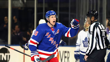 NEW YORK, NEW YORK - JANUARY 19: Ryan Strome #16 of the New York Rangers celebrates his third period game winning goal against the Toronto Maple Leafs at Madison Square Garden on January 19, 2022 in New York City. The Rangers defeated the Maple Leafs 6-3. (Photo by Bruce Bennett/Getty Images)