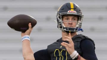 Lausanne’s quarterback Brock Glenn throws the ball during a 7-on-7 against Briarcrest on Tuesday, July 12, 2022, at Briarcrest Christian School.