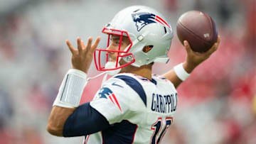 Sep 11, 2016; Glendale, AZ, USA; New England Patriots quarterback Jimmy Garoppolo prior to the game against the Arizona Cardinals at University of Phoenix Stadium. Mandatory Credit: Mark J. Rebilas-USA TODAY Sports