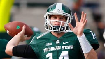 EAST LANSING, MI - OCTOBER 29: Brian Lewerke #14 of the Michigan State Spartans warms up prior to playing the Michigan Wolverines at Spartan Stadium on October 29, 2016 in East Lansing, Michigan. (Photo by Gregory Shamus/Getty Images)