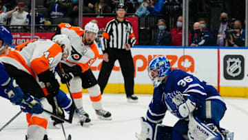 Apr 19, 2022; Toronto, Ontario, CAN; Toronto Maple Leafs goaltender Jack Campbell (36) defends the goal against Philadelphia Flyers forward Nate Thompson (44) during the second period at Scotiabank Arena. Mandatory Credit: John E. Sokolowski-USA TODAY Sports
