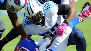 Oct 11, 2015; Nashville, TN, USA; Buffalo Bills quarterback Tyrod Taylor (5) reacts after a horse collar tackle by Tennessee Titans linebacker Zach Brown (55) during the second half at Nissan Stadium. The Bills won 14-13. Mandatory Credit: Christopher Hanewinckel-USA TODAY Sports