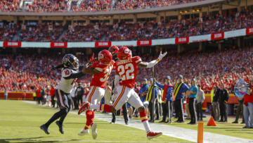 KANSAS CITY, MO - OCTOBER 13: Charvarius Ward #35 of the Kansas City Chiefs intercepts a pass intended for DeAndre Hopkins #10 of the Houston Texans in the third quarter at Arrowhead Stadium on October 13, 2019 in Kansas City, Missouri. Juan Thornhill #22 of the Kansas City Chiefs assists in the defensive coverage. (Photo by David Eulitt/Getty Images)