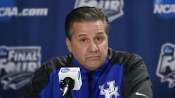Apr 6, 2014; Arlington, TX, USA; Kentucky Wildcats head coach John Calipari speaks at a press conference during practice before the championship game of the Final Four in the 2014 NCAA Mens Division I Championship tournament at AT&T Stadium. Mandatory Credit: Kevin Jairaj-USA TODAY Sports