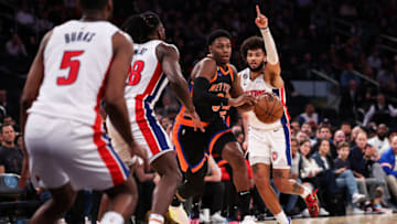 NEW YORK, NEW YORK - NOVEMBER 11: RJ Barrett #9 of the New York Knicks in action during the fourth quarter of the game against the Detroit Pistons at Madison Square Garden on November 11, 2022 in New York City. NOTE TO USER: User expressly acknowledges and agrees that, by downloading and or using this photograph, User is consenting to the terms and conditions of the Getty Images License Agreement. (Photo by Dustin Satloff/Getty Images)