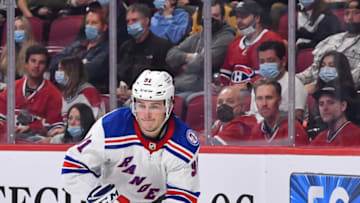MONTREAL, QC - OCTOBER 16: Sammy Blais #91 of the New York Rangers skates the puck against the Montreal Canadiens during the second period at Centre Bell on October 16, 2021 in Montreal, Canada. The New York Rangers defeated the Montreal Canadiens 3-1. (Photo by Minas Panagiotakis/Getty Images)