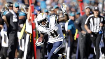 Nov 29, 2015; Jacksonville, FL, USA; San Diego Chargers wide receiver Stevie Johnson (11) runs after catching a pass against the Jacksonville Jaguars in the third quarter at EverBank Field. The Chargers won 31-25. Mandatory Credit: Jim Steve-USA TODAY Sports