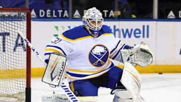 NEW YORK, NEW YORK - MARCH 22: Dustin Tokarski #31 of the Buffalo Sabres skates in warm-ups prior to the game against the New York Rangers at Madison Square Garden on March 22, 2021 in New York City. (Photo by Bruce Bennett/Getty Images)