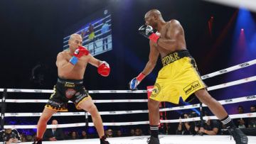 HOLLYWOOD, FLORIDA - SEPTEMBER 11: Tito Ortiz and Anderson Silva square off during the first round of the fight during Evander Holyfield vs. Vitor Belfort presented by Triller at Seminole Hard Rock Hotel & Casino on September 11, 2021 in Hollywood, Florida. (Photo by Douglas P. DeFelice/Getty Images)
