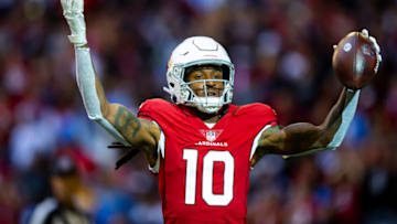 Nov 27, 2022; Glendale, Arizona, USA; Arizona Cardinals wide receiver DeAndre Hopkins (10) celebrates after scoring a touchdown against the Los Angeles Chargers in the first half at State Farm Stadium. Mandatory Credit: Mark J. Rebilas-USA TODAY Sports