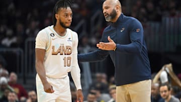 CLEVELAND, OHIO - JANUARY 31: Darius Garland #10 listens to head coach J.B Bickerstaff of the Cleveland Cavaliers during the second half against the Miami Heat at Rocket Mortgage Fieldhouse on January 31, 2023 in Cleveland, Ohio. The Heat defeated the Cavaliers 100-97. NOTE TO USER: User expressly acknowledges and agrees that, by downloading and or using this photograph, User is consenting to the terms and conditions of the Getty Images License Agreement. (Photo by Jason Miller/Getty Images)
