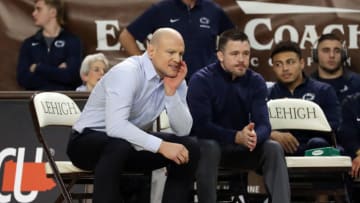 BETHLEHEM, PA - DECEMBER 6: (L-R) Head coach Cael Sanderson and assistant head coach Cody Sanderson of the Penn State Nittany Lions sit mat side during a match against the Lehigh Mountain Hawks at Stabler Arena on the campus of Lehigh University on December 6, 2019 in Bethlehem, Pennsylvania. (Photo by Hunter Martin/Getty Images)
