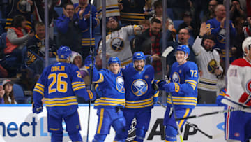 Oct 23, 2023; Buffalo, New York, USA; Buffalo Sabres left wing Jeff Skinner (53) celebrates his goal with teammates during the first period against the Montreal Canadiens at KeyBank Center. Mandatory Credit: Timothy T. Ludwig-USA TODAY Sports