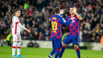 BARCELONA, SPAIN - December 7: Lionel Messi #10 of Barcelona celebrates his hat trick with Luis Suarez #9 of Barcelona during the Barcelona V Mallorca, La Liga regular season match at Estadio Camp Nou on December 7th 2019 in Barcelona, Spain. (Photo by Tim Clayton/Corbis via Getty Images)