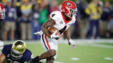 SOUTH BEND, IN - SEPTEMBER 09: Mecole Hardman #4 of the Georgia Bulldogs returns a kick against the Notre Dame Fighting Irish in the second quarter of a game at Notre Dame Stadium on September 9, 2017 in South Bend, Indiana. (Photo by Joe Robbins/Getty Images)