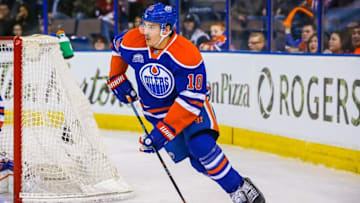 Mar 12, 2016; Edmonton, Alberta, CAN; Edmonton Oilers right wing Nail Yakupov (10) skates with the puck against the Arizona Coyotes during the third period at Rexall Place. Arizona Coyotes won 4-0. Mandatory Credit: Sergei Belski-USA TODAY Sports