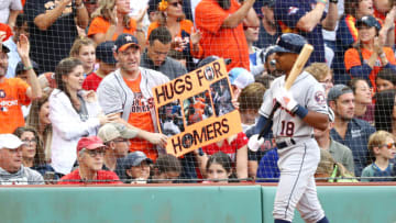 BOSTON, MA - SEPTEMBER 8: Tony Kemp #18 of the Houston Astros walks past some Astros fans during the second inning of their game against the Boston Red Sox at Fenway Park on September 8, 2018 in Boston, Massachusetts.(Photo by Maddie Meyer/Getty Images)