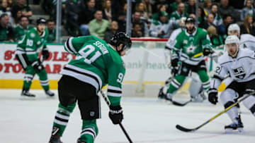 DALLAS, TX - JANUARY 30: Dallas Stars center Tyler Seguin (91) takes a shot on goal during the game between the Dallas Stars and the Los Angeles Kings on Tuesday January 30, 2018 at the American Airlines Center in Dallas, Texas. Los Angeles defeats Dallas 3-0. (Photo by Matthew Pearce/Icon Sportswire via Getty Images)