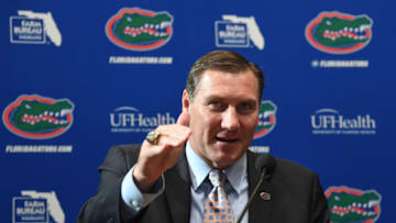 GAINESVILLE, FL - NOVEMBER 27: Florida Gators head football coach Dan Mullen speaks during an introductory press conference at the Bill Heavener football complex on November 27, 2017 in Gainesville, Florida. (Photo by Rob Foldy/Getty Images)