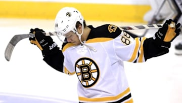 Mar 7, 2016; Sunrise, FL, USA; Boston Bruins left wing David Pastrnak (88) loosing up before a game against the Florida Panthers at BB&T Center. Mandatory Credit: Robert Mayer-USA TODAY Sports
