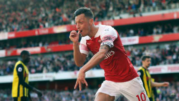 LONDON, ENGLAND - SEPTEMBER 29: Mesut Özil of Arsenal celebrates after scoring the second goal during the Premier League match between Arsenal FC and Watford FC at Emirates Stadium on September 29, 2018 in London, United Kingdom. (Photo by Mark Leech/Offside/Getty Images)