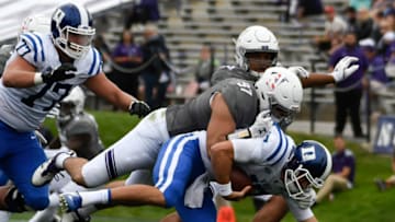 EVANSTON, IL- SEPTEMBER 08: Joe Gaziano #97 of the Northwestern Wildcats sacks Daniel Jones #17 of the Duke Blue Devils during the second half on September 8, 2018 at Ryan Field in Evanston, Illinois. The Duke Blue Devils won 21-10. (Photo by David Banks/Getty Images)