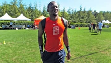 Jul 9, 2014; Beaverton, OR, USA; Alpha Pro athlete Torrance Gibson (6) walks off the field during Nike Football