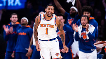 NEW YORK, NEW YORK - OCTOBER 24: Obi Toppin #1 of the New York Knicks reacts after making a three pointer during the first quarter of the game against the Orlando Magic at Madison Square Garden on October 24, 2022 in New York City. NOTE TO USER: User expressly acknowledges and agrees that, by downloading and or using this photograph, User is consenting to the terms and conditions of the Getty Images License Agreement. (Photo by Dustin Satloff/Getty Images)