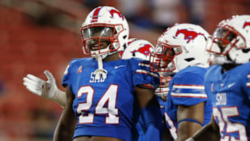 Oct 21, 2021; Dallas, Texas, USA; Southern Methodist Mustangs linebacker Jimmy Phillips Jr. (24) reacts after a play in the fourth quarter against the Tulane Green Wave at Gerald J. Ford Stadium. Mandatory Credit: Tim Heitman-USA TODAY Sports