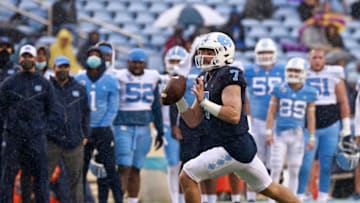 CHAPEL HILL, NORTH CAROLINA - APRIL 24: Sam Howell #7 of North Carolina Tar Heels carries the ball during their spring game at Kenan Memorial Stadium on April 24, 2021 in Chapel Hill, North Carolina. (Photo by Grant Halverson/Getty Images)