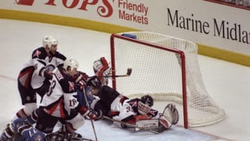 4 Jun 1998: Dominik Hasek #39 of the Buffalo Sabres in action during the Eastern Conference Finals game against the Washington Capitals at the Marine Midland Arena in Buffalo, New York. The Capitals defeated the Sabres 3-2. Mandatory Credit: Craig Melvi