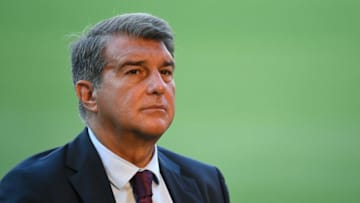 FC Barcelona president Joan Laporta attends the official presentation of newly signed Dutch forward Memphis Depay (not seen) by the Spanish football club at the Camp Nou stadium in Barcelona on July 22, 2021. (Photo by LLUIS GENE / AFP) (Photo by LLUIS GENE/AFP via Getty Images)