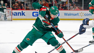ST. PAUL, MN - DECEMBER 13: Mikael Granlund #64 of the Minnesota Wild slides the puck between his legs during a game with the Florida Panthers at Xcel Energy Center on December 13, 2018 in St. Paul, Minnesota.(Photo by Bruce Kluckhohn/NHLI via Getty Images)
