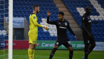 COLCHESTER, ENGLAND - AUGUST 09: Aston Villa goalkeeper Jed Steer celebrates with Andre Green after saving a penalty during the Carabao Cup First Round match between Colchester United and Aston Villa at Colchester Community Stadium on August 9, 2017 in Colchester, England. (Photo by Mike Hewitt/Getty Images)