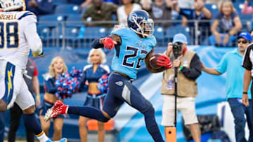 NASHVILLE, TN - OCTOBER 20: Derrick Henry #22 of the Tennessee Titans rushes for a touchdown during a game against the Los Angeles Chargers at Nissan Stadium on October 20, 2019 in Nashville, Tennessee. The Titans defeated the Chargers 23-20. (Photo by Wesley Hitt/Getty Images)