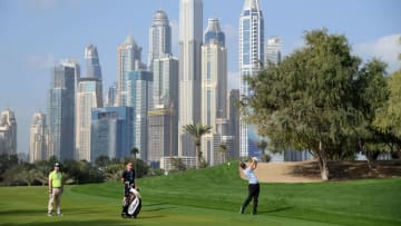 DUBAI, UNITED ARAB EMIRATES - JANUARY 22: Lucas Bjerregaard of Denmark in action during a practice round prior to the Omega Dubai Desert Classic at the Emirates Golf Club on January 22, 2019 in Dubai, United Arab Emirates. (Photo by Ross Kinnaird/Getty Images)