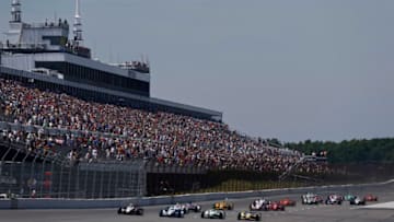 LONG POND, PA - JULY 6 : Drivers race down the front stretch at the start of the Pocono INDYCAR 500 at Pocono Raceway on July 6, 2014 in Long Pond, Pennsylvania. (Photo by Jeff Zelevansky/Getty Images)