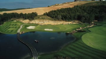 RIDGEDALE, MISSOURI - SEPTEMBER 21: An aerial drone view of the fifth tee box and fourth green prior to the Payne's Valley Cup on September 21, 2020 at the Payne’s Valley course at Big Cedar Lodge in Ridgedale, Missouri. (Photo by Tom Pennington/Getty Images for Payne’s Valley Cup)