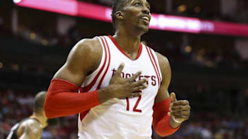 Apr 7, 2016; Houston, TX, USA; Houston Rockets center Dwight Howard (12) reacts after a play during the third quarter against the Phoenix Suns at Toyota Center. Mandatory Credit: Troy Taormina-USA TODAY Sports