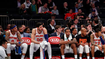 NEW YORK, NY - FEBRUARY 6: Two seats are empty at the New York Knicks team bench after Kristaps Porzingis and Tim Hardaway Jr. were taken out of the game with injuries in an NBA basketball game against the Milwaukee Bucks on February 6, 2018 at Madison Square Garden Center in New York City. Bucks won 103-89. NOTE TO USER: User expressly acknowledges and agrees that, by downloading and/or using this Photograph, user is consenting to the terms and conditions of the Getty License agreement. Mandatory Copyright Notice (Photo by Paul Bereswill/Getty Images)