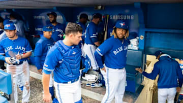 Vladimir Guerrero Jr. #27 of the Toronto Blue Jays exits the dugout after his team defeated the Tampa Bay Rays in the final game of the season in their MLB game at the Rogers Centre. (Photo by Mark Blinch/Getty Images)