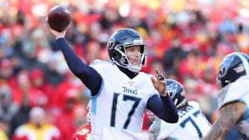 KANSAS CITY, MISSOURI - JANUARY 19: Ryan Tannehill #17 of the Tennessee Titans throws in the first half against the Kansas City Chiefs in the AFC Championship Game at Arrowhead Stadium on January 19, 2020 in Kansas City, Missouri. (Photo by Tom Pennington/Getty Images)
