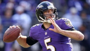 Nov 10, 2013; Baltimore, MD, USA; Baltimore Ravens quarterback Joe Flacco (5) prepares to throw the ball against the Cincinnati Bengals at M