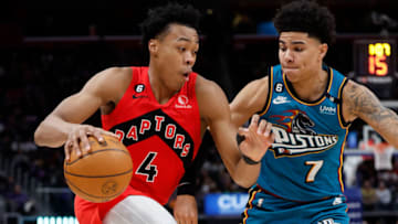 Toronto Raptors forward Scottie Barnes (4) dribbles on Detroit Pistons guard Killian Hayes Credit: Rick Osentoski-USA TODAY Sports