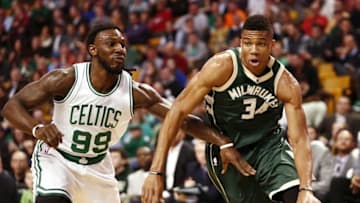 Feb 25, 2016; Boston, MA, USA; Milwaukee Bucks forward Giannis Antetokounmpo (34) drives to the hoop against Boston Celtics forward Jae Crowder (99) during the first half at TD Garden. Mandatory Credit: Mark L. Baer-USA TODAY Sports