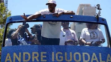 OAKLAND, CA - JUNE 12: Andre Iguodala #9 of the Golden State Warriors celebrates during the Golden State Warriors Victory Parade on June 12, 2018 in Oakland, California. The Golden State Warriors beat the Cleveland Cavaliers 4-0 to win the 2018 NBA Finals. NOTE TO USER: User expressly acknowledges and agrees that, by downloading and or using this photograph, User is consenting to the terms and conditions of the Getty Images License Agreement. (Photo by Justin Sullivan/Getty Images)