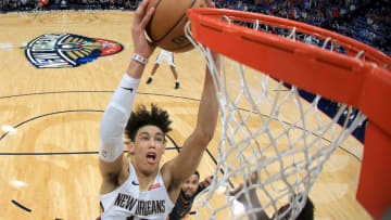 NEW ORLEANS, LOUISIANA - DECEMBER 15: Jaxson Hayes #10 of the New Orleans Pelicans dunks (Photo by Sean Gardner/Getty Images)