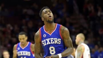 Nov 1, 2014; Philadelphia, PA, USA; Philadelphia 76ers guard Tony Wroten (8) celebrates against the Miami Heat during the the third quarter at Wells Fargo Center. The Heat defeated the 76ers, 114-96. Mandatory Credit: Eric Hartline-USA TODAY Sports